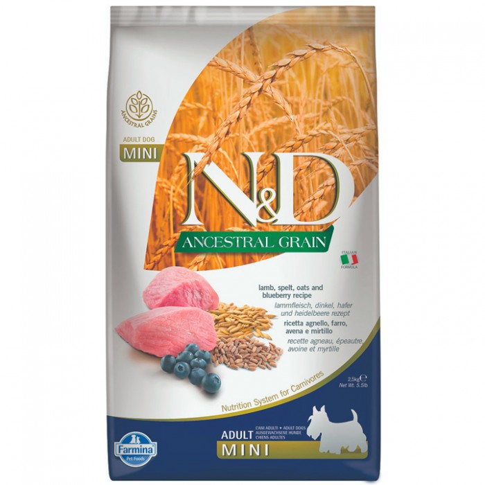 N&D Ancestral Grain - Düşük Tahıllı Kuzulu ve Yaban Mersinli Küçük Irk Yetişkin Köpek Maması 2,5KG