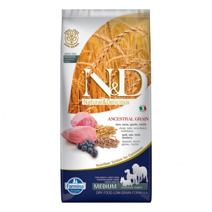 N&D Ancestral Grain - Düşük Tahıllı Kuzulu ve Yaban Mersinli Orta ve Büyük Irk Yetişkin Köpek Maması 12KG