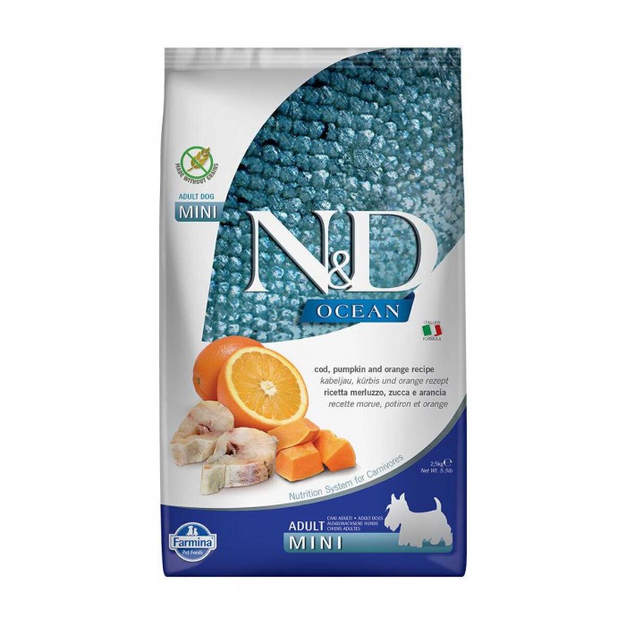 N&D Ocean - Morina Balıklı, Balkabaklı ve Portakallı Tahılsız Küçük Irk Yetişkin Köpek Maması 2,5kg