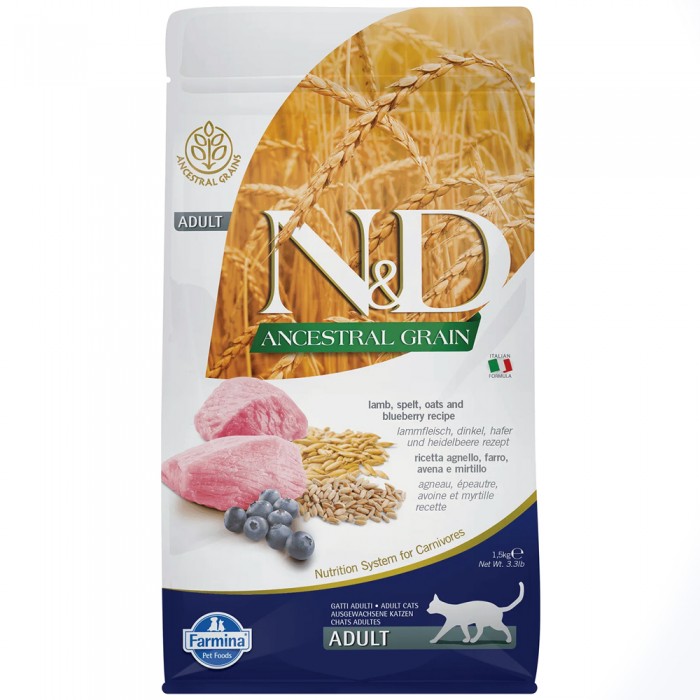 N&D Ancestral Grain - Düşük Tahıllı Kuzulu ve Yaban Mersinli Yetişkin Kedi Maması 1,5KG