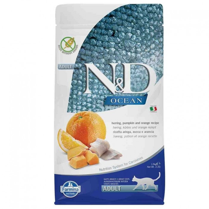 N&D Ocean - Ringa Balıklı, Balkabaklı ve Portakallı Tahılsız Yetişkin Kedi Maması 1,5KG