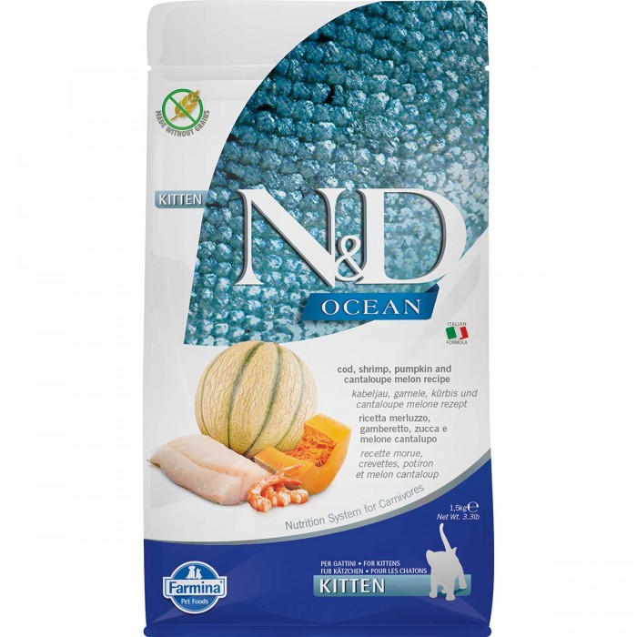 N&D Ocean - Morina Balıklı, Balkabaklı, Karidesli ve Kavunlu Yavru Kedi Maması 1,5KG