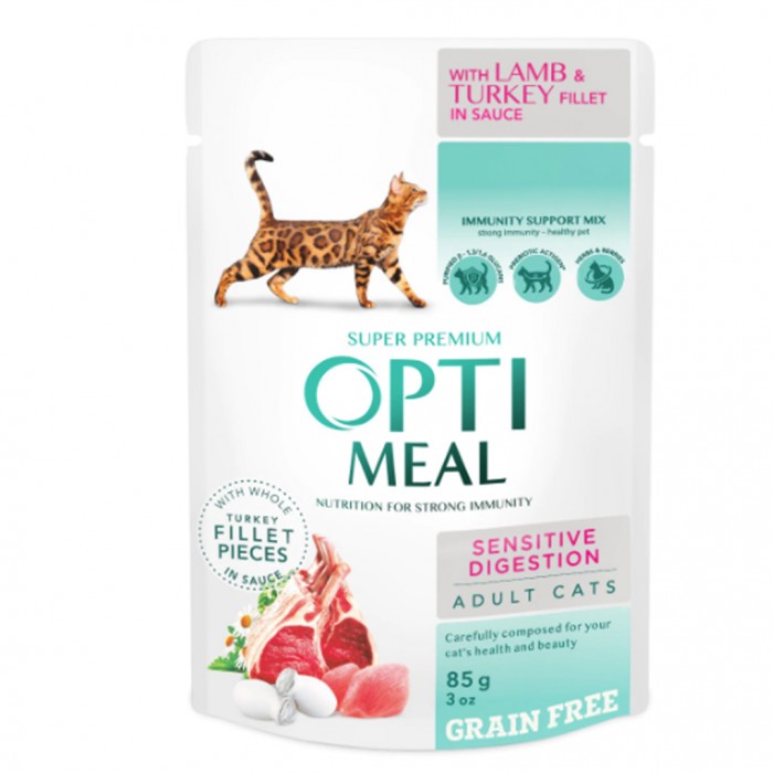 OptiMeal Pouch Tahılsız Hindili & Kuzulu Sensitive Digestion Yaş Kedi Maması 85g