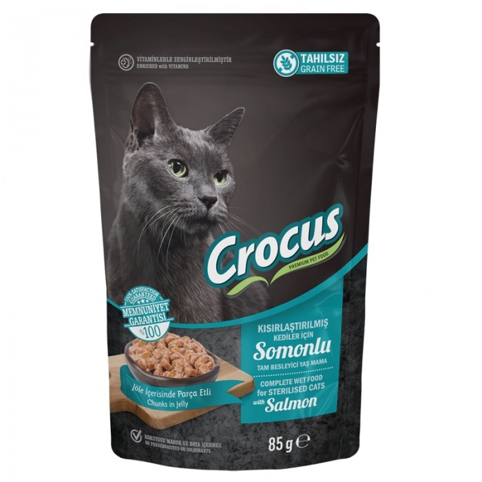 Crocus Tahılsız Kısırlaştırılmış Kedi Somonlu Pouch Jöleli Yaş Mama 85 G