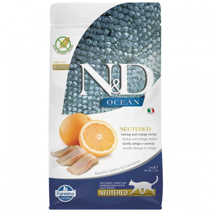 N&D Ocean - Ringa Balıklı ve Portakallı Tahılsız Kısırlaştırılmış Kedi Maması 1,5KG