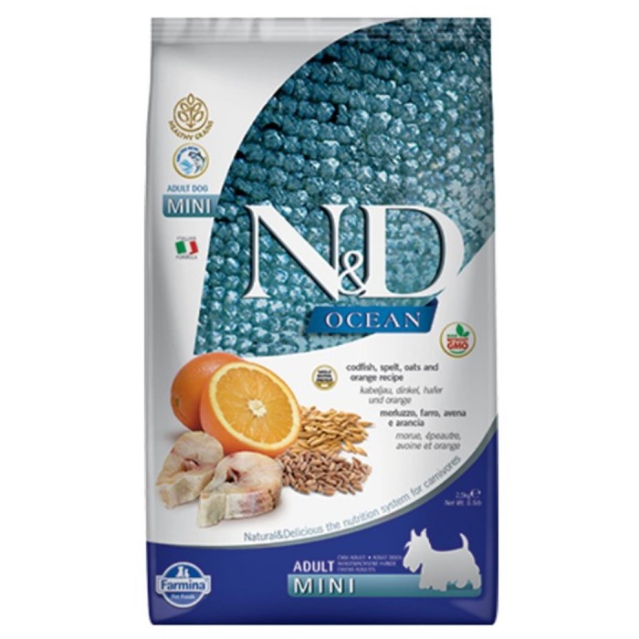 N&D Ocean - Düşük Tahıllı - Morina Balıklı ve Portakallı Küçük Irk Yetişkin Köpek Maması 2,5KG