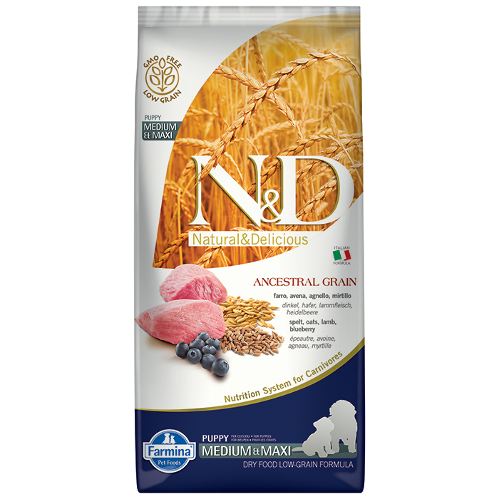 N&D Ancestral Grain - Düşük Tahıllı Kuzulu ve Yaban Mersinli Orta ve Büyük Irk Yavru Köpek Maması 12KG