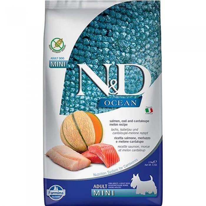 N&D Ocean - Somonlu, Morina Balıklı ve Kavunlu Tahılsız Küçük Irk Yetişkin Köpek Maması 2,5KG