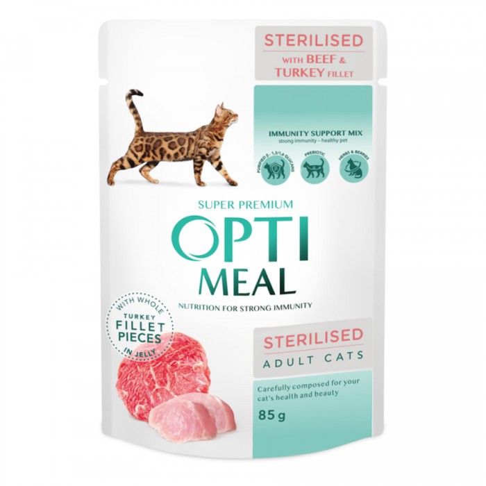 OptiMeal Dana Etli ve Hindi Soslu Tahılsız Kısır Kedi Yaş Maması 85 Gr