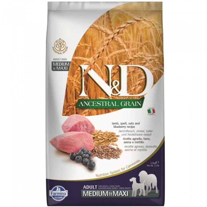 N&D Ancestral Grain - Düşük Tahıllı Kuzulu ve Yaban Mersinli Orta ve Büyük Irk Yetişkin Köpek Maması 2,5KG