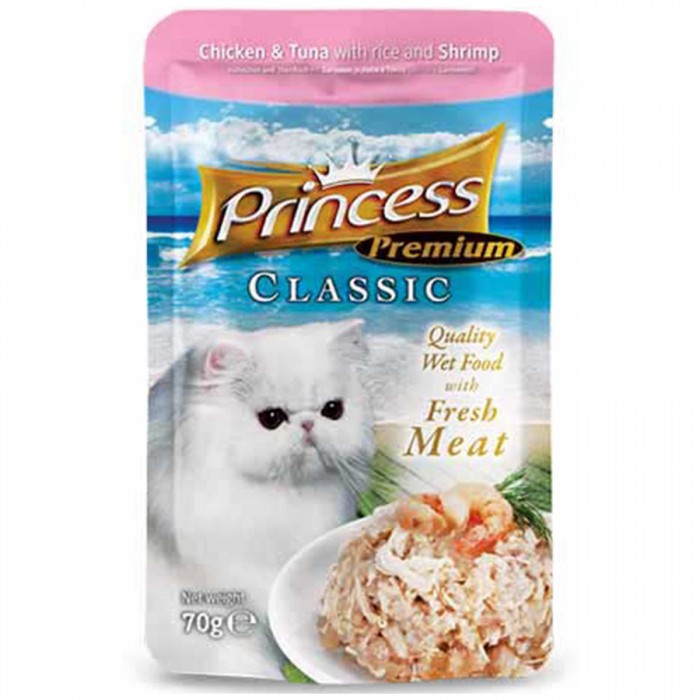 Princess Classic Pouch Tavuklu Ton Balıklı Karidesli ve Pirinçli Yetişkin Kedi Konservesi 70gr