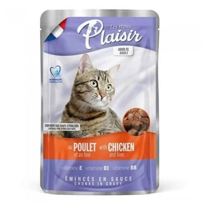 Plaisir Pouch Soslu Tavuk Eti ve Ciğer Parçalı Yetişkin Kedi Yaş Maması 100 Gr