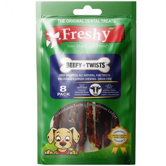 Freshy Sığırlı Twist Kurutulmuş Et Kaplı Köpek Çiğneme Çubuk 8 Adet 13 Cm