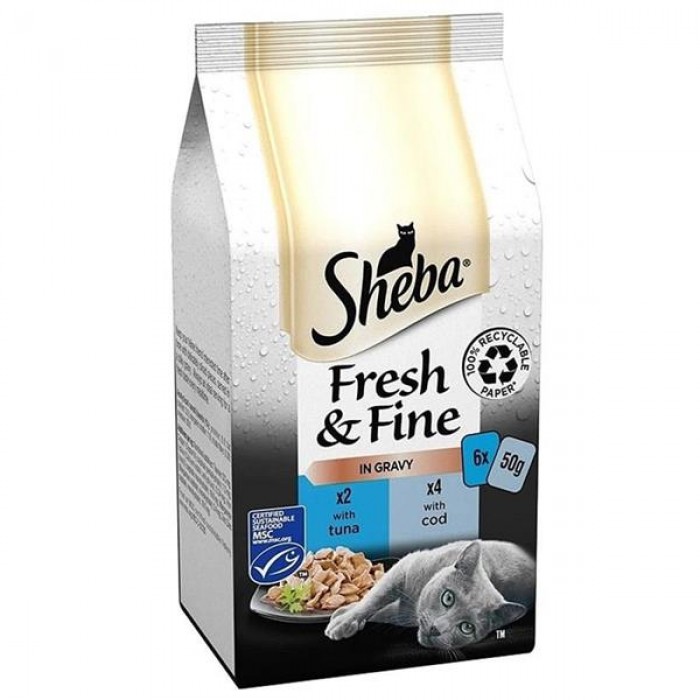 Sheba Pouch Fresh&Fine Sos İçerisinde Ton Balıklı Somonlu Yetişkin Kedi Konservesi 50gr (6'lı)