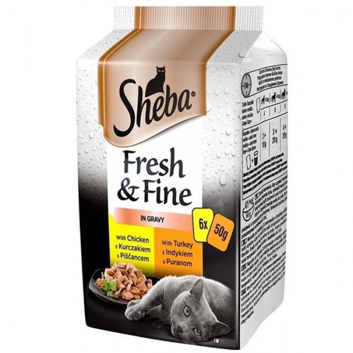 Sheba Pouch Fresh&Fine Sos İçerisinde Tavuklu Hindili Yetişkin Kedi Konservesi 50gr (6'lı)