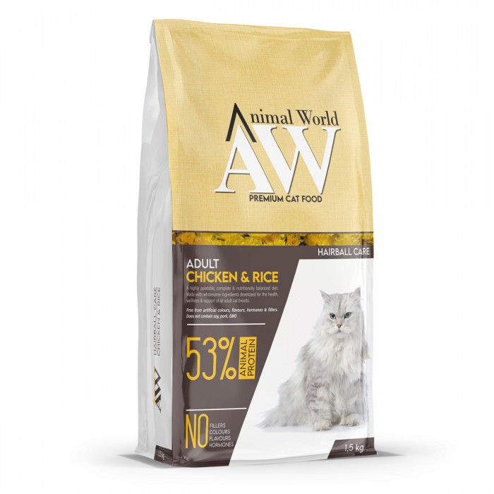 Animal World Hairball Tüy Yumağı Önleyici Tavuklu Yetişkin Kedi Maması 1,5 Kg