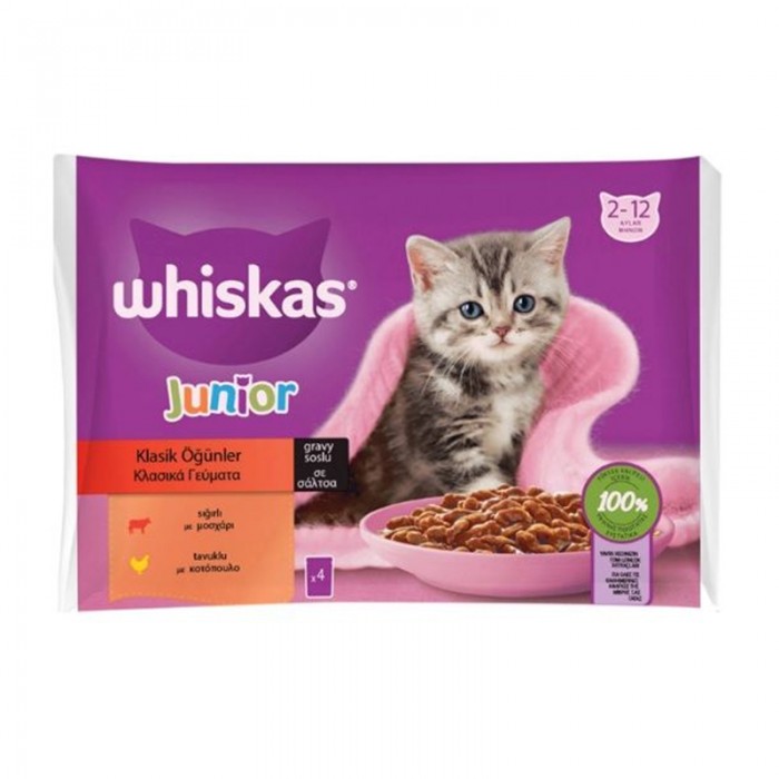 Whiskas Pouch Sos İçinde Sığırlı ve Tavuklu Yavru Kedi Konservesi 85gr (4'lü)