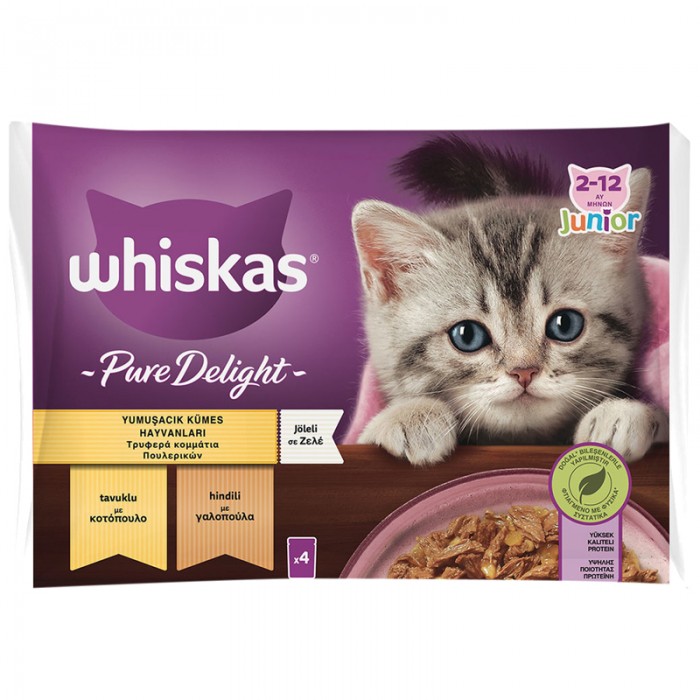 Whiskas Pouch Pure Delight Jöle İçinde Tavuklu ve Hindili Yavru Kedi Konservesi 85gr (4'lü)