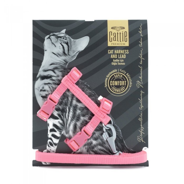 Cattie Dokuma Kedi Gezdirme Göğüs Tasma Takımı Pembe 1x25-40cm