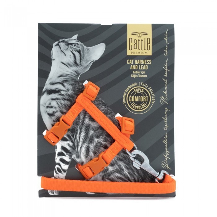 Cattie Dokuma Kedi Gezdirme Göğüs Tasma Takımı Turuncu 1x25-40cm