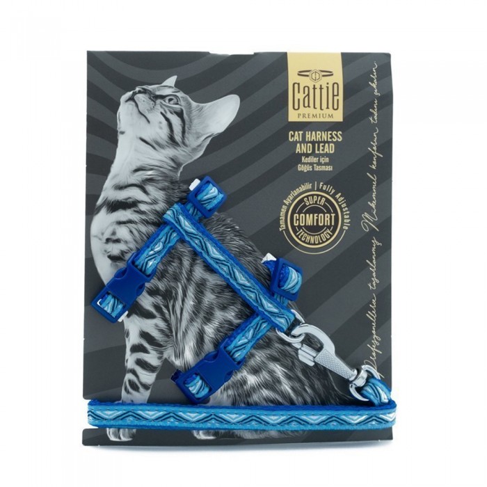 Cattie Özel Desenli Dokuma Kedi Göğüs ve Uzatma Seti Mavi 1x25-40cm