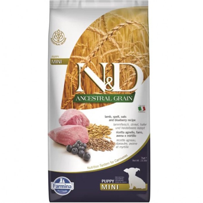 N&D Ancestral Grain - Düşük Tahıllı Kuzulu ve Yaban Mersinli Küçük Irk Yavru Köpek Maması 7KG