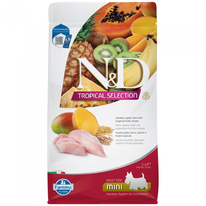 N&D Tropical Selection Tavuklu ve Tropikal Meyveli Mini Irk Yetişkin Köpek Maması 1,5 Kg