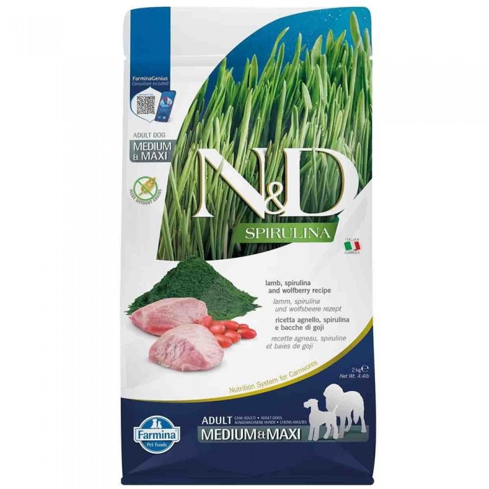 N&D Spirulina - Kuzulu ve Spirulinalı Tahılsız Orta ve Büyük Irk Yetişkin Köpek Maması 2KG