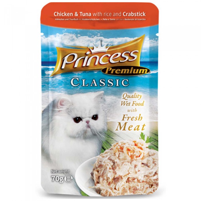 Princess Classic Gold Pouch Tavuklu Ton Balıklı Yengeçli ve Pirinçli Yetişkin Kedi Konservesi 70gr