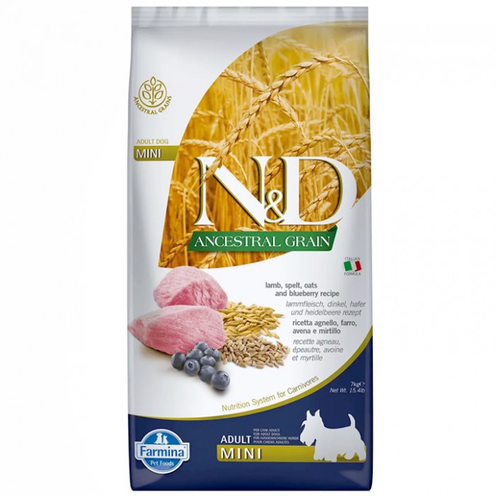 N&D Ancestral Grain - Düşük Tahıllı Kuzulu ve Yaban Mersinli Küçük Irk Yetişkin Köpek Maması 7KG