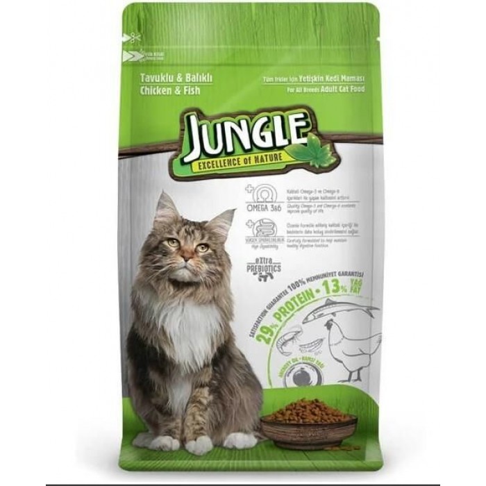 Jungle Tavuklu ve Balıklı Yetişkin Kedi Maması 15KG