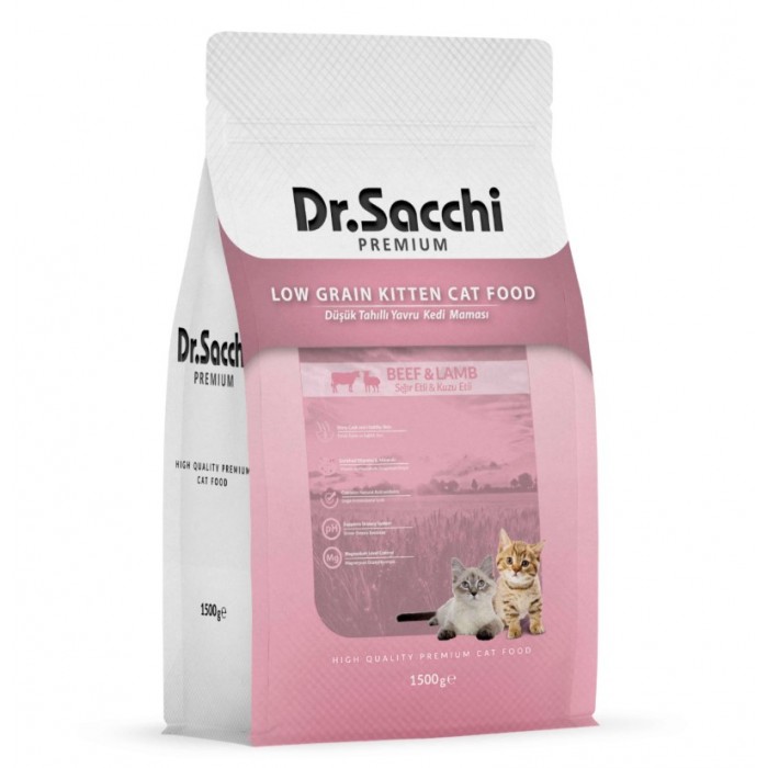 Dr.Sacchi Premium Düşük Tahıllı Kuzu Etli ve Sığır Etli Yavru Kedi Maması 1,5 Kg