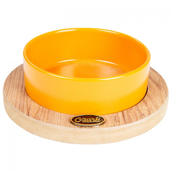 PetVoda Ozark Oval Ahşap Altlıklı Seramik Mama-Su Kabı Hardal 19,5 cm (400 ml)