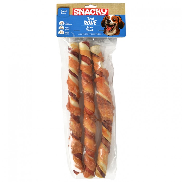 Snacky Çift Tavuk Sargılı Köpek Burgu Çiğneme Kemiği 25cm 3'lü (195gr)