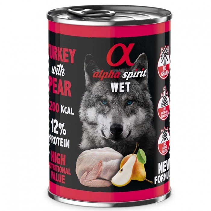 Alpha Spirit Hindili (93) ve Armutlu Tahılsız Yetişkin Köpek Konservesi 400 gr