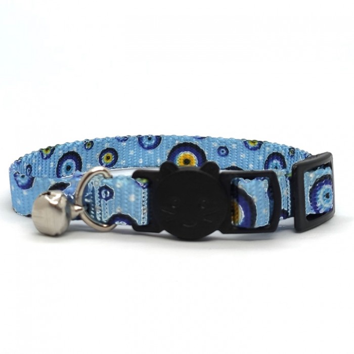 LuckyPaw Çıngıraklı Kedi Boyun Tasması 1x30cm (Nazar Boncuğu Desenli)
