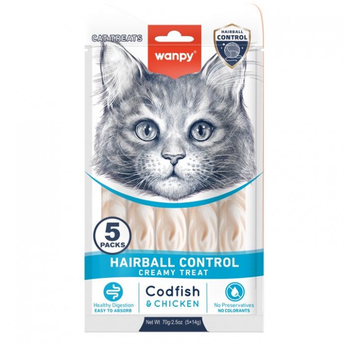 Wanpy Hairball Control Morina Balıklı ve Tavuklu Krema Kedi Ödülü 5x14gr