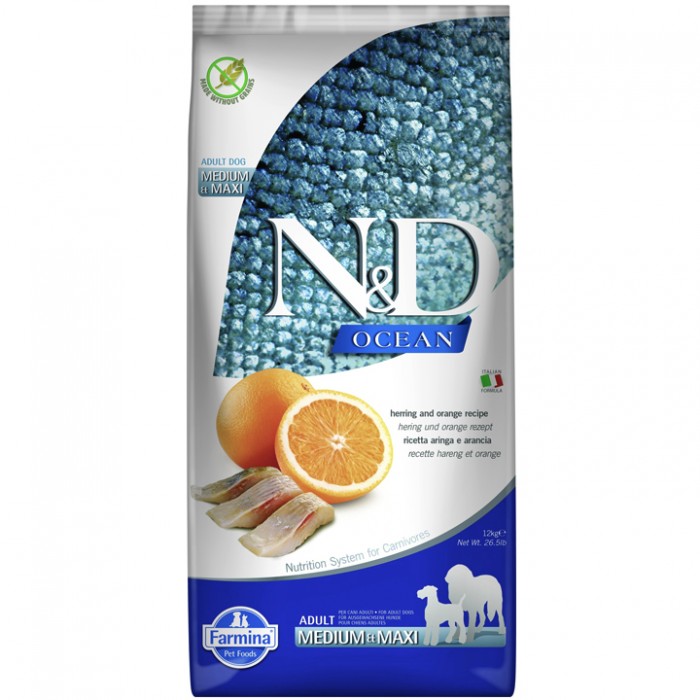 N&D Ocean - Ringa Balıklı ve Portakallı Tahılsız Orta ve Büyük Irk Yetişkin Köpek Maması 12KG