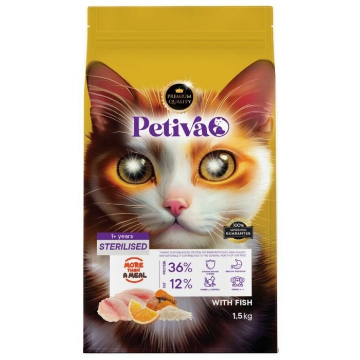 Petiva Kısırlaştırılmış Yetişkin Kediler İçin Balık Etli Kuru Kedi Maması 1,5 Kg