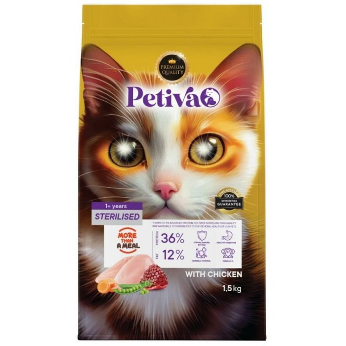 Petiva Kısırlaştırılmış Yetişkin Kediler İçin Tavuk Etli Kuru Kedi Maması 1,5 Kg