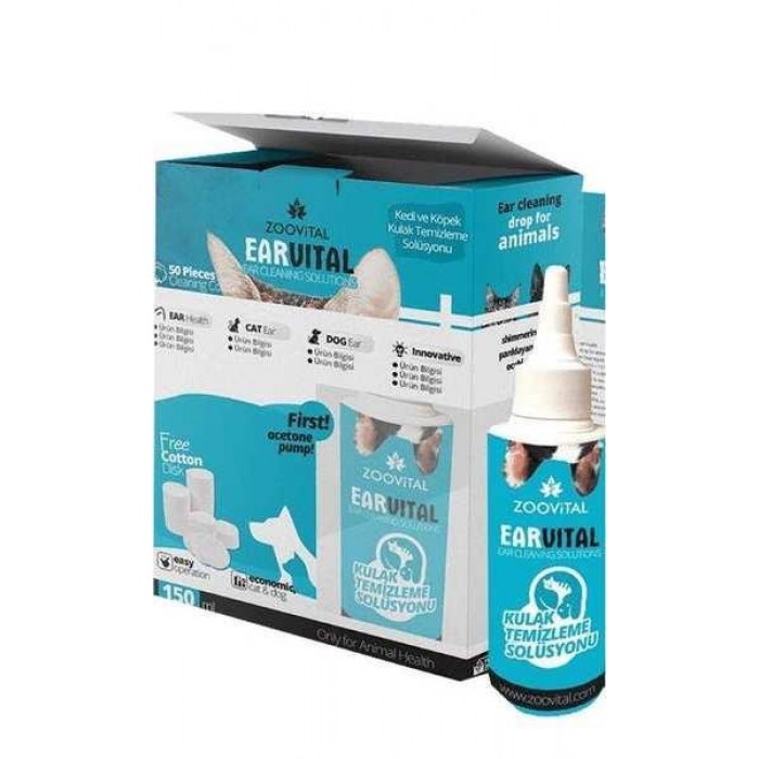 ZooVital Ear Vital Kedi ve Köpek Kulak Temizleme Seti (150 ML Solüsyon+Pamuk)