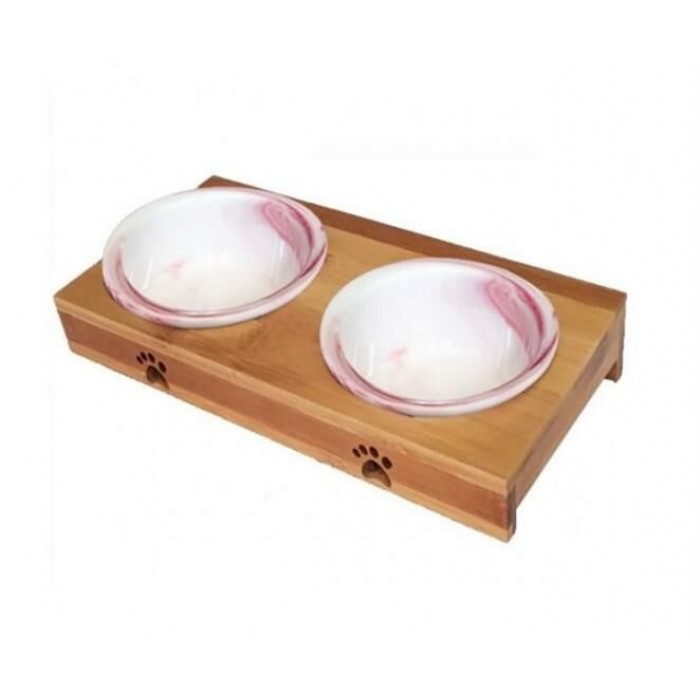 Carno Ahşap Kedi ve Küçük Irk Köpekler için Sehpalı İkili Seramik Mama ve Su Kabı 12cm 200ml (Pembe)