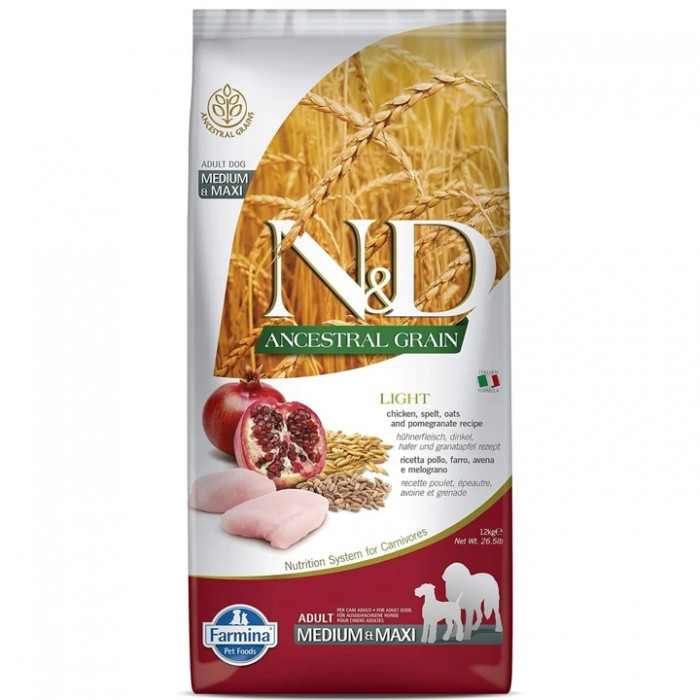 N&D Ancestral Grain - Düşük Tahıllı Tavuklu ve Narlı Orta ve Büyük Irk Light Köpek Maması 12KG