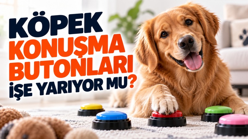 Köpek konuşma butonlarına basan Golden Retriever ile iletişim ve eğitim yöntemi