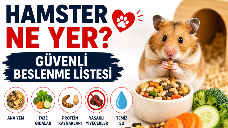 Hamster ne yer sorusunu açıklayan, ana yem, taze gıdalar, protein kaynakları ve temiz su ile sağlıklı beslenen hamster