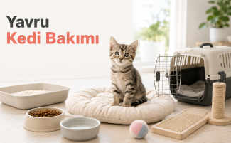 Güvenli odasında mama, su, kum kabı, yatağı ve oyuncakları bulunan yavru kedi
