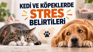 Kedi ve köpeklerde stres belirtilerini açıklayan, stresli davranışlar gösteren kedi ve köpeği gösteren rehber görseli