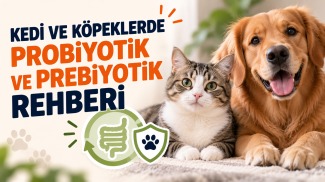 Kedi ve köpeklerde probiyotik ve prebiyotik kullanımını, bağırsak sağlığı ve sindirim desteğini anlatan rehber görseli