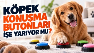 Köpek konuşma butonlarına basan Golden Retriever ile iletişim ve eğitim yöntemi