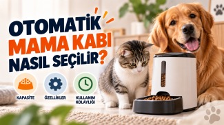 Böcek proteinli mamanın ne olduğunu anlatan, kedi ve köpeğin yanında mama kabı ile böcek proteini kaynağını gösteren evcil hayvan beslenme rehberi